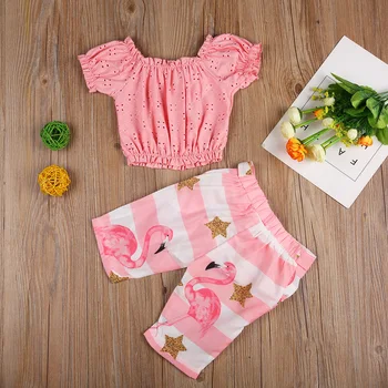 Baby Toddler Meitenes Dobi No Īsām Piedurknēm, Vestes Crop Topi Vērtnes Flamingo Bikses Apģērbs, Apģērbu Komplekts