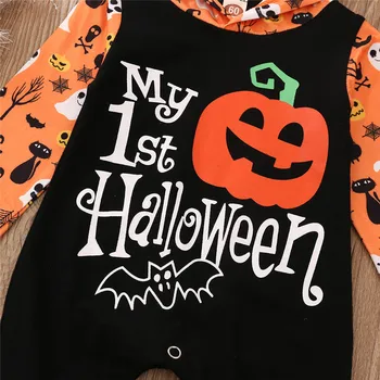 Baby Toddler Zēni Meitenes Drēbes Halloween ar garām Piedurknēm ar Kapuci Romper Jumpsuit Ķirbju Spoku Iespiesti Pidžamas Tērpiem 0-24M