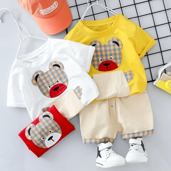 Baby Toddler Zēnu Drēbes noteikts Vasaras Zīdaiņu Apģērbs Karikatūra Lācis O-veida kakla Kokvilnas T-Krekls, Uzvalks, Kostīms Bērniem