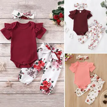 Baby Ziedu Apģērbu Set 3pcs noteikts Vasaras Pilnu Piedurknēm Baby Girl Apģērbu Bodysuit Top Ziedu Bikses Galvu Apģērbs 0 Līdz 18 Mēnešiem