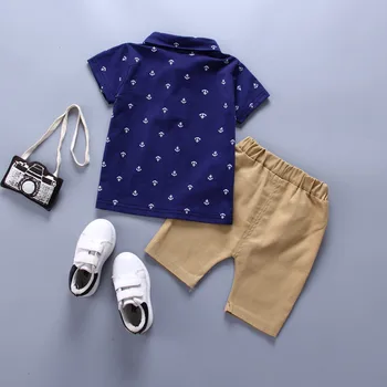 Baby Zēni Bērniem Vasaras apģērbu ar īsām piedurknēm Pogas Ģeometrija pulovers savukārt apkakle Topi cieta kabatas Bikses 2pc Toddler Apģērbs