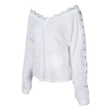 Balts Mežģīņu Tamborēšanas Dobi No Garām Piedurknēm, Sieviešu Džemperis Ar V-Veida Kakla Džemperis Džemperis Rudens Ziemas Modes Gadījuma Sieviete, Apģērbu 2020