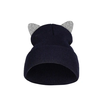 Baltās krāsas rhinestone rudens ziemas beanies kaķa auss elastību cepuri sieviešu cepure stylise earmuff skullies un beanies akrila cepure