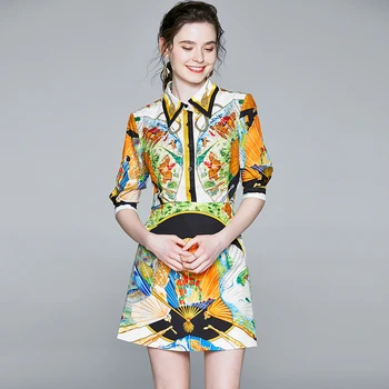 Banulin 2020. gada Vasaras Skrejceļa Dizainers Svārki Uzvalks Sieviešu Vintage Dzīvnieku Ziedu Drukāt Blūze un Mini Svārki Divi Gabali Komplekts