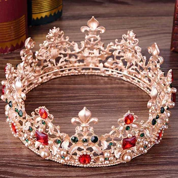 Baroka coroa de noiva Pērle Crystal Rose Gold Crown Līgavas Kāzu Matu Rotas, Rhinestone Tiara Queen ' Diadema Matu Aksesuāri