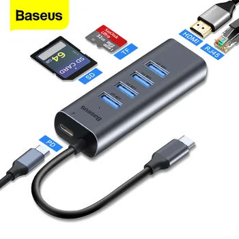 Baseus USB C RUMBAS C Tipa HDMI USB 3.0 RJ45 SD/TF Karšu Lasītājs, USB OTG Adapteri Par MacBook Air, Pro, Samsung, Huawei USB-C 3.0 HUB