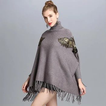 Bat Piedurknēm augstu uzrullētu apkakli Trikotāžas Džemperis Pončo Sieviešu Modes Izšuvumi Pušķis Vidēja garuma Džemperis Pončo Džemperis Sievietēm Pavasarī