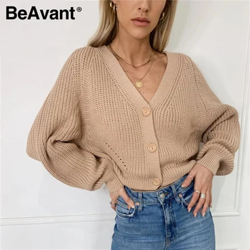 BeAvant Sexy v-neck adīta sieviešu jaka Gadījuma pogas bat piedurknēm balts džemperis jaka Elegants rudens dāmas džemperi, topi
