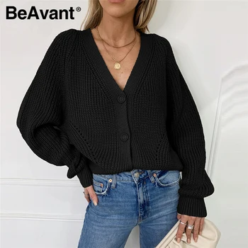 BeAvant Sexy v-neck adīta sieviešu jaka Gadījuma pogas bat piedurknēm balts džemperis jaka Elegants rudens dāmas džemperi, topi