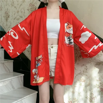Bebovizi Red Laimīgs Kaķis Kimono, Japāņu Sievietes Yukata Sieviešu Āzijas Apģērbu Zaudēt Jaciņa, Krekls Tradicionālo Japānas Stila Haori