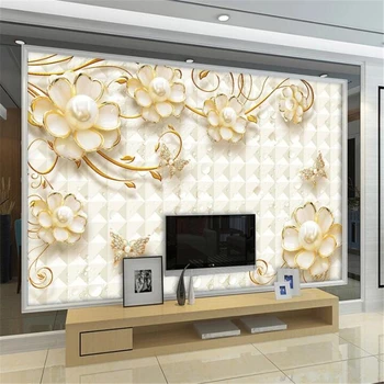 Beibehang Custom tapetes, 3d rotaslietas, zīda ziedu luksusa TV fona sienas, balts četru ziedlapiņu pērļu ziedu dzīves telpu dekorēšana