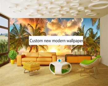 Beibehang Pielāgot jauno dabas ainavu saulrieta piejūras kokosriekstu koku pludmales fona dzīvojamā istaba papel de parede tapetes