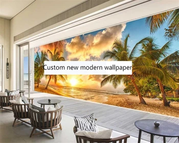 Beibehang Pielāgot jauno dabas ainavu saulrieta piejūras kokosriekstu koku pludmales fona dzīvojamā istaba papel de parede tapetes