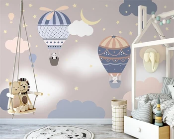 Beibehang Pielāgota mūsdienu tapetes Ziemeļu puses, krāsotas rozā karstā gaisa balonu mākonis zvaigžņotām debesīm bērnu istabas fona
