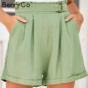 BerryGo Gadījuma jostas augstās jostasvietas bikses sievietēm zaļā Brīvdienu pludmales stila brīvdienu vasaras bikses Kabatā gredzenu blet vērtnes ruffles īss