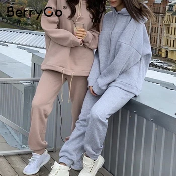BerryGo Gadījuma kapuci sporta krekls uzvalks Modes sporta tērps ar garām piedurknēm zaudēt ikdienas tērps Rudens ziemas sieviešu divi gabals, kas 2020