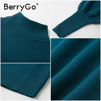 BerryGo Rudens ziemas trikotāžas džemperis ar Augstu apkakli Laternu Piedurknēm zaudēt sieviešu džemperis ar Augstu ielu modes Pulovers biroja 2020