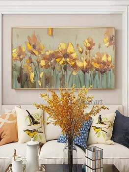 Bez rāmja krāsošana dzeltenā jomā, wildflower akrila guļamistaba krāsošana sienas, art roku gleznots eļļas glezna mājās