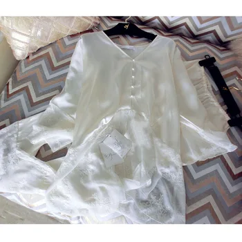 Bezmaksas Piegāde Pavasara Sievietes Baltā Zīda Pidžamu Garām Piedurknēm Garās Bikses 2 Gabals, Kas Sieviešu Vasaras Princese Mežģīnes Sleepwear Komplekti