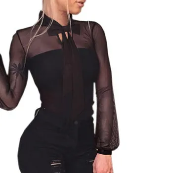 Bezmaksas Strausu Modes Sieviešu Jumpsuit Caurspīdīgs Tops Sexy Bodycon Garām Piedurknēm Bodysuit Kombinezonus D0535
