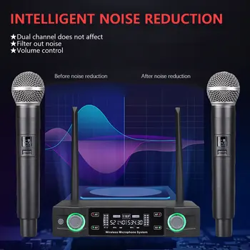 Bezvadu Mikrofonu Sistēmas Profesionālo UHF Automātiskā Mikrofons, 2 Kanāli, Frekvences Regulēšana Dinamiskais Mikrofons priekš Karaoke