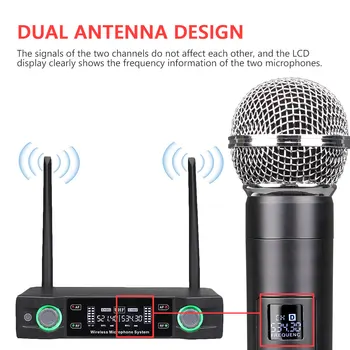 Bezvadu Mikrofonu Sistēmas Profesionālo UHF Automātiskā Mikrofons, 2 Kanāli, Frekvences Regulēšana Dinamiskais Mikrofons priekš Karaoke