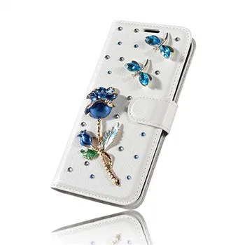 Bling Diamond Blue Rose Puķu Somā Kartes Slots Flip Maciņš Ādas Gadījumā Samsung Galaxy Note 10 9 8 5 S10/9/8/7/6 Malu Plus
