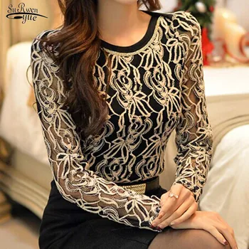 Blusas ir 2021. Plus Lieluma Mežģīnes, Šifons Blūze korejas Sieviešu Elegants Vintage Krekls ar garām Piedurknēm Melnā Jauns Elegants Sieviešu Apģērbu 651E05