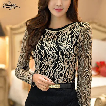 Blusas ir 2021. Plus Lieluma Mežģīnes, Šifons Blūze korejas Sieviešu Elegants Vintage Krekls ar garām Piedurknēm Melnā Jauns Elegants Sieviešu Apģērbu 651E05