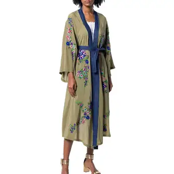 Boho Iedvesmoja izšūti kimono kaftan atveriet sānu kaklasaiti jostasvietā pludmales tunika top kontrasta vasaras garumā blūze, krekls 