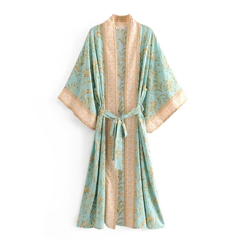 Boho Šiks Vasaras Vintage Ziedu Drukāt Kimono Sieviešu 2019 Modes Jaka Ar Vērtnes Beach Blūzes, Krekli Blusas Mujer