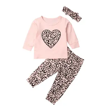 Boutique Meitene Drēbes, Jaundzimušā bērna Meitene Rudens Drēbes, T-krekls Topi+ Leopard Bikses +Galvas 3pcs Tērpiem Tracksuit