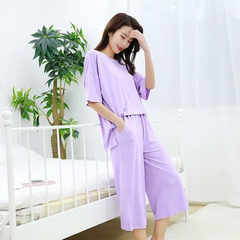 Brīvs Mājas Tērpi Sleepwear Vasaras Kravu Divi Gabali Uzstādīt Sieviešu Pidžamas Apaļu Kakla Sieviešu Pyjama Komplekti Naktsveļu Miega Drēbes