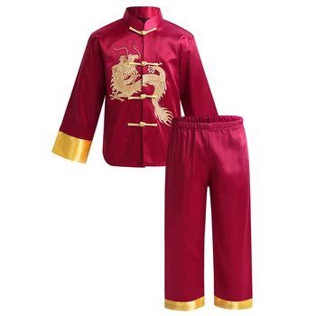 Bērniem, Tradicionālā Ķīniešu Izšuvumi Pūķis Kung Fu Apģērbs Tang Uzvalks Satīna Zēniem tai chi, Cīņas Mākslas Shaolin Wing Chun Kostīms