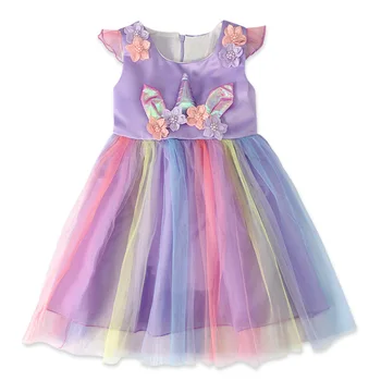Bērniem Unicorn Vasarā Meitenes Saģērbt Mazo, Kas Peld Ar Piedurknēm Krāsains Bērniem Ģērbties Princess Puse Kāzu Kleita