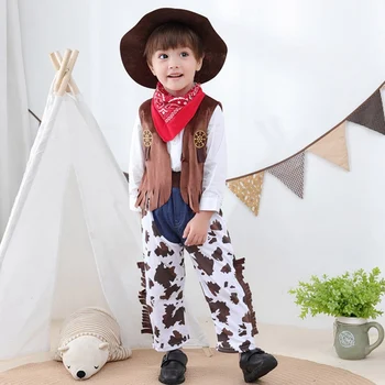 Bērniem Zēnu Apģērbu Komplekts 1-6 Gadiem Bērniem Kovbojiem Modes Cosplay Puse Bērnu Zēnu Apģērba Klp+Veste+Bikses+Kaklasaiti 4gab Zēna Apģērbs