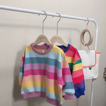 Bērniem, bērnu bērniem, zēniem, meitenēm, džemperi rudens pavasara bērnu zēnu un meiteņu kokvilnas gadījuma varavīksnes strīpas džemperi Džemperi, topi 7168 01