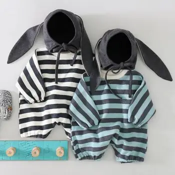 Bērnu Apģērbu Komplekts Zīdaiņu Kokvilnas Svītrainām Zēni Zaudēt Jumpsuits Garām Piedurknēm Baby Girl Romper Ar Cepuri Bunny Bērnu Apģērbs