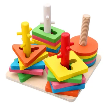 Bērnu Koka Celtniecības Bloki, Rotaļlietas, Ģeometriskas Formas Atbilstošo Spēli Četru Kolonnu Pīlārs Izglītības Pirmsskolas Mācību Montessori Rotaļlietas
