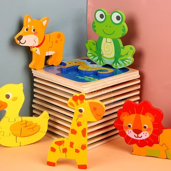 Bērnu Rotaļlietas, Koka Puzzle Krāsains Karikatūra Dzīvnieku Satiksmes Shape Match 3D Jigsaw Montessori Sākumā Izglītojošas Rotaļlietas Bērniem