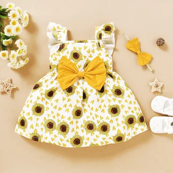 Bērnu Vasaras Apģērbu Baby Toddler Meitene Ziedu Kleitu bez Piedurknēm Mini Priekšgala Kleita Galvassegu Pusei Garantēt Ziedu Kleitu, 1-4Y