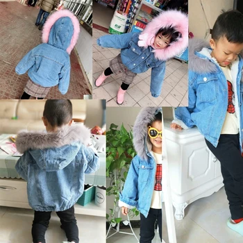 Bērnu apģērbi zēniem un meitenēm rudens un ziemas jakas samta sabiezējums bērnu džinsa jaka luksusa lielas kažokādas apkakles