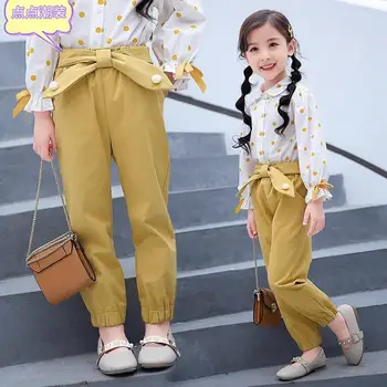 Bērnu apģērbu meiteņu kokvilnas gadījuma bikses bērniem, rozā, zils, dzeltens bikses toddler bērnu elastīgs viduklis kabatas bikses meitenēm