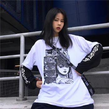 Bēru tumši jaunu ulzzang Harajuku BF hip hop viltus divus gabalus modes Harajuku zaudēt liela izmēra sieviešu rudens karikatūra T-krekls