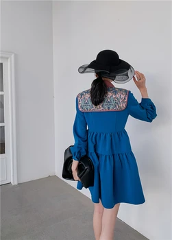 CHEERART ir 2021. Modes Vintage Blue Mini Kleita Sievietēm Laternu Piedurknēm Apkakli Līnijas Dāmas Kleita ar garām Piedurknēm Dizaineru Apģērbu