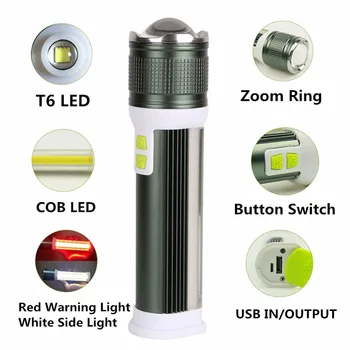 COB T6 LED Lukturīti, USB Uzlādējams 7-veidu Balts Sarkans Gaismas LED Lukturi, Lampas Ar Jaudu Bankas Funkcijas Iebūvēts Akumulators