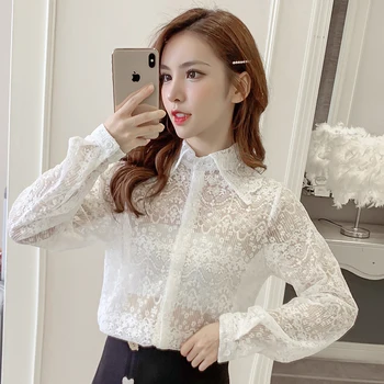 COIGARSAM Modes Mežģīņu Krekls, Sieviešu topi Jauns Pavasara Korea Stilā Biroja Dāma Pilnu Piedurknēm Šifona Sieviešu krekli Baltā Aprikožu 6069