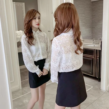 COIGARSAM Modes Mežģīņu Krekls, Sieviešu topi Jauns Pavasara Korea Stilā Biroja Dāma Pilnu Piedurknēm Šifona Sieviešu krekli Baltā Aprikožu 6069