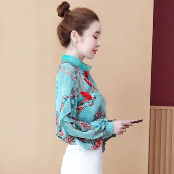 COIGARSAM Ķīniešu Stila blūze sieviešu Pavasara Cheongsam Vintage Ruffles Šifona blusas sieviešu topi un blūzes 9372