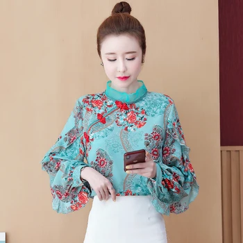 COIGARSAM Ķīniešu Stila blūze sieviešu Pavasara Cheongsam Vintage Ruffles Šifona blusas sieviešu topi un blūzes 9372